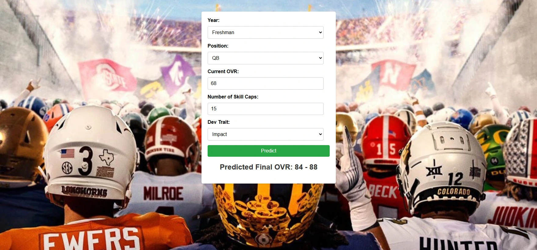 Web app for calculating future ratings in the popular CFB 25 video game
